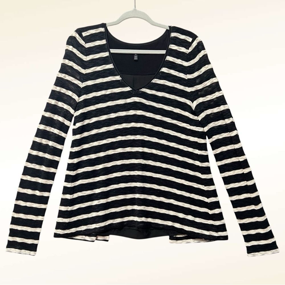 White House Black Market V-Neck Striped Sweater Size Medium Black Cream Lace